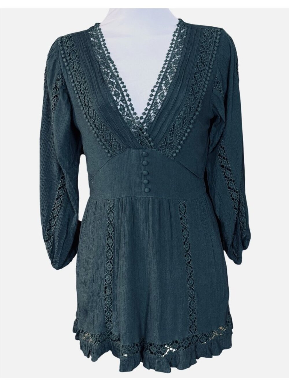 American Eagle Outfitters Dark Green Long Sleeve Crochet Lace Accent Romper XS